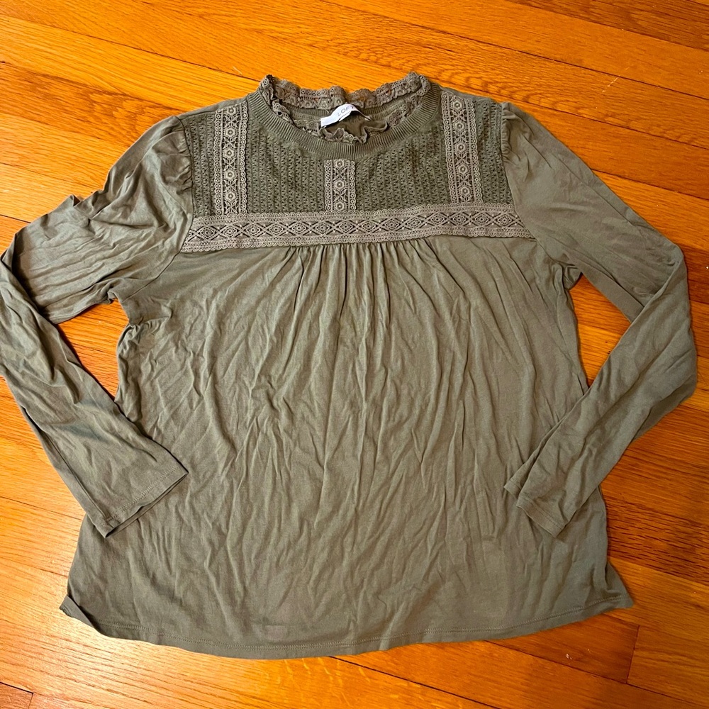 LOFT brand Olive Green Women's Long-sleeve Top with Lace Detail - size L